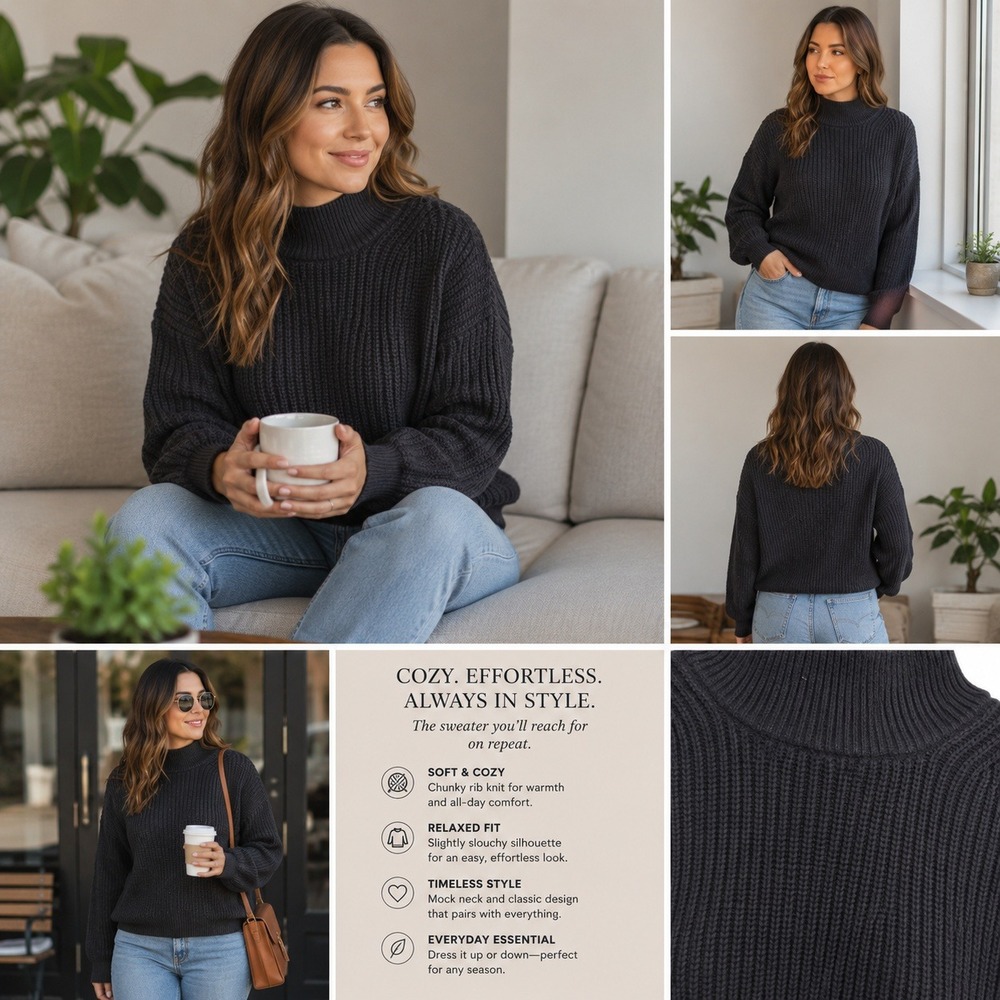 COS Navy Blue Ribbed Mock Neck‎ Sweater Cotton Wool Blend Chunky Knit Small